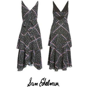 Sam Edelman Floral Printed Ribbon Tie Waist Tiered Dress, 14 Black Pink Blue
